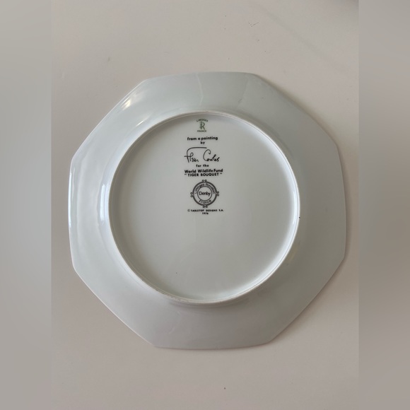 Vtg Denby Limoges Fleur Cowles TIGER BOUQUET Plate -Pink Rim World Wildlife Fund - Picture 4 of 9